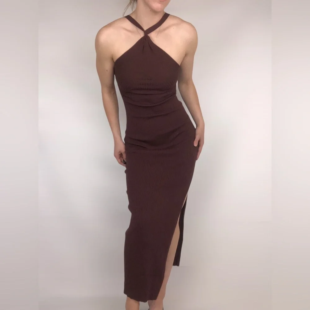 MESHKI‎ Halter Ribbed Side Slit Maxi Bodycon Brown Dress Size S - Picture 2 of 7
